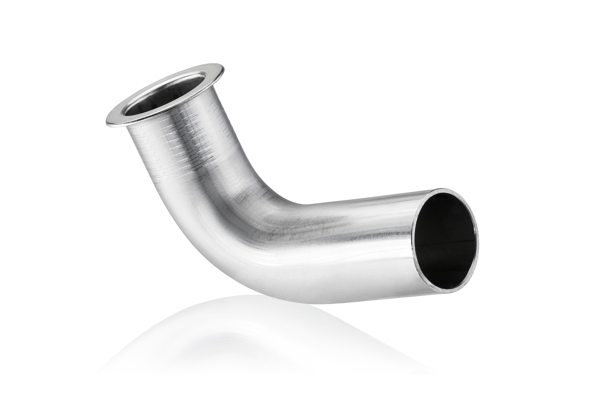 Gebogenes Edelstahlrohr mit aufgeweitetem Flanschende für industrielle Anwendungen.