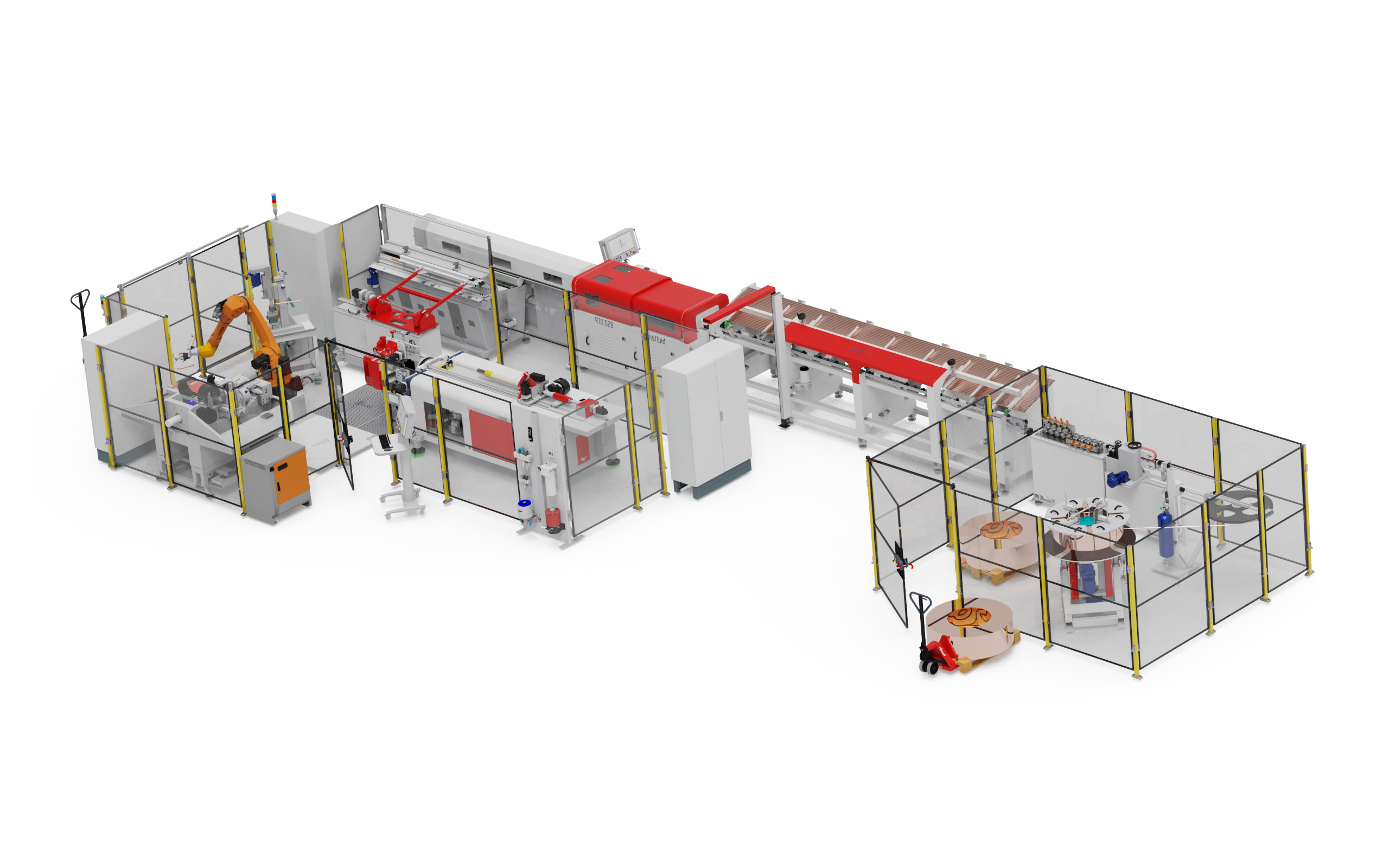Automatisierte CNC-Rohrbearbeitungszelle mit Robotik von transfluid für die Serienfertigung von HVAC-Rohrkomponenten.