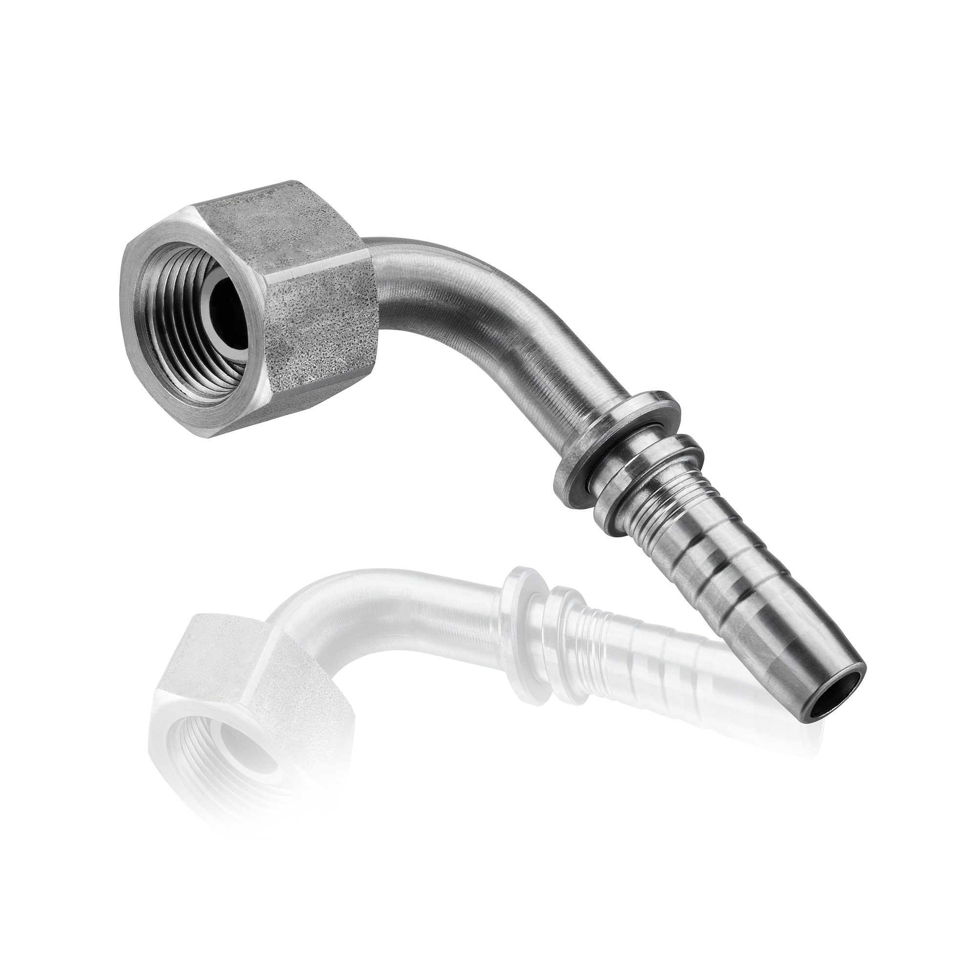 Gebogenes Edelstahl-Hydraulikfitting mit Gewindeanschluss und Schlauchtülle.