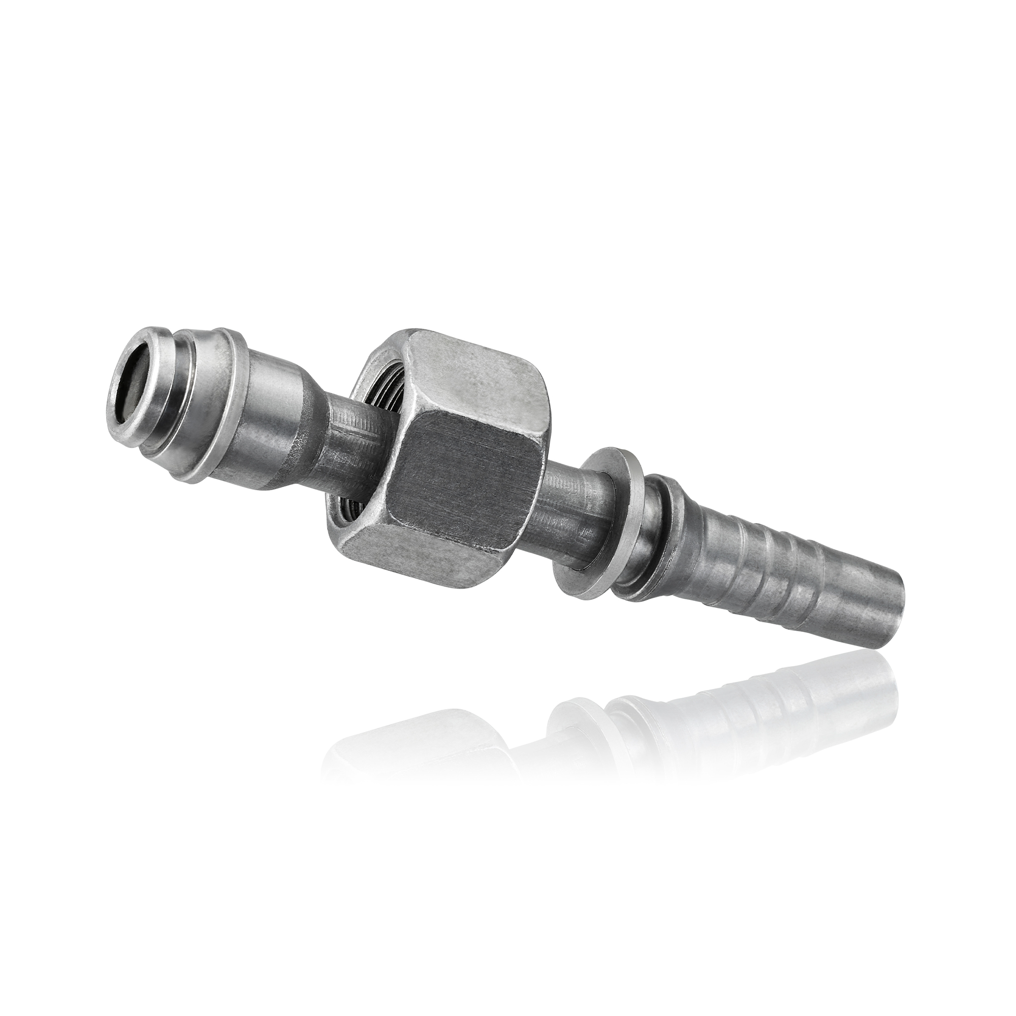 Gerades Edelstahl-Hydraulikfitting mit Verschraubung und Schlauchanschluss.