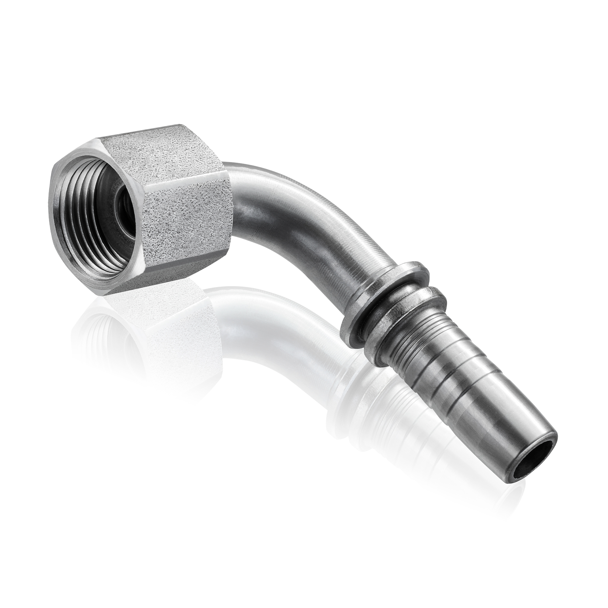 Hydraulik-Winkelverschraubung mit Überwurfmutter und Schlauchanschluss.