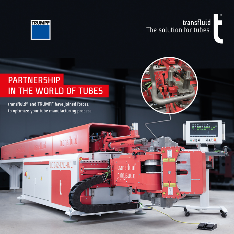 transfluid und TRUMPF Katalog mit Rohrbiegemaschine und Partnerschaft in der Rohrbearbeitung.