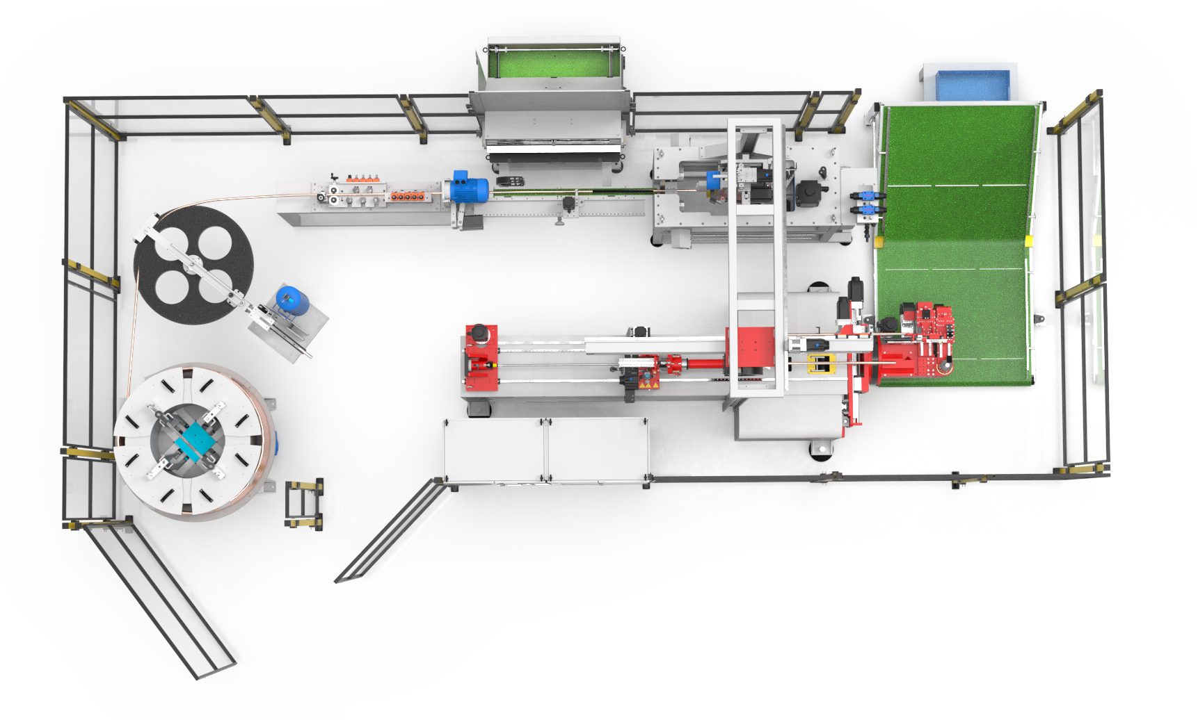 Automatisierte Rohrfertigungszelle mit Coilzuführung, Stufenförderer und Biegeanlage in Draufsicht.