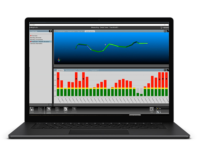 Messsoftware zur Rohrgeometrieanalyse mit 3D-Darstellung und Toleranzdiagramm auf Laptop.