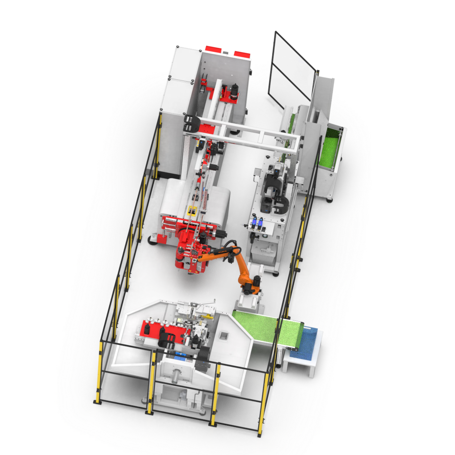 Kompakte automatisierte Rohrfertigungszelle mit Roboter und Fördertechnik.