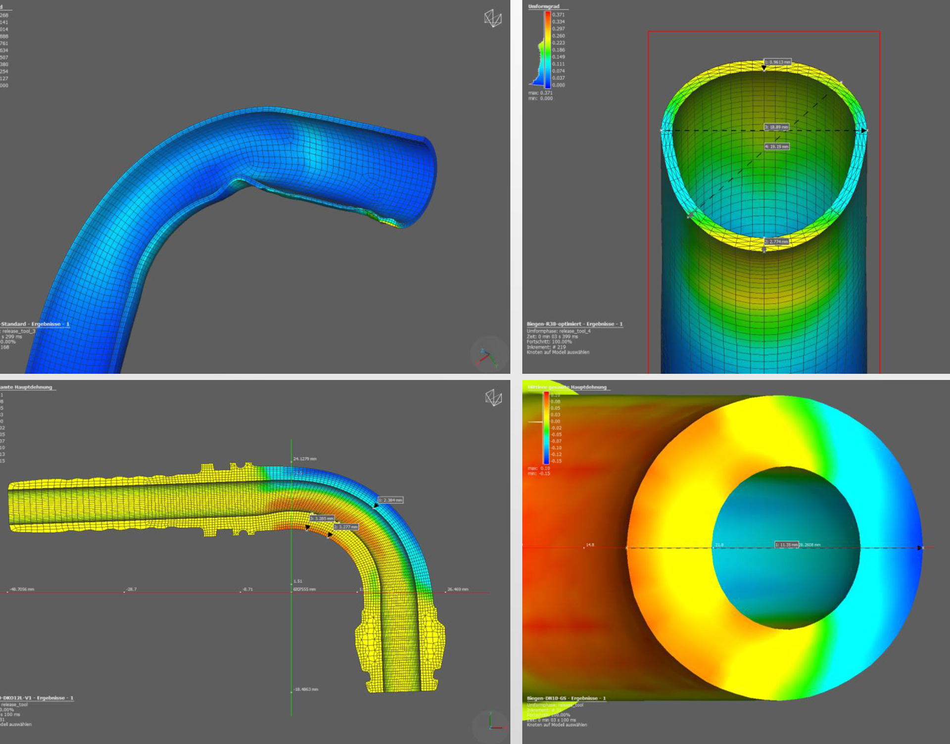 FEM-Simulation eines gebogenen Rohrs mit farbiger Spannungsanalyse.