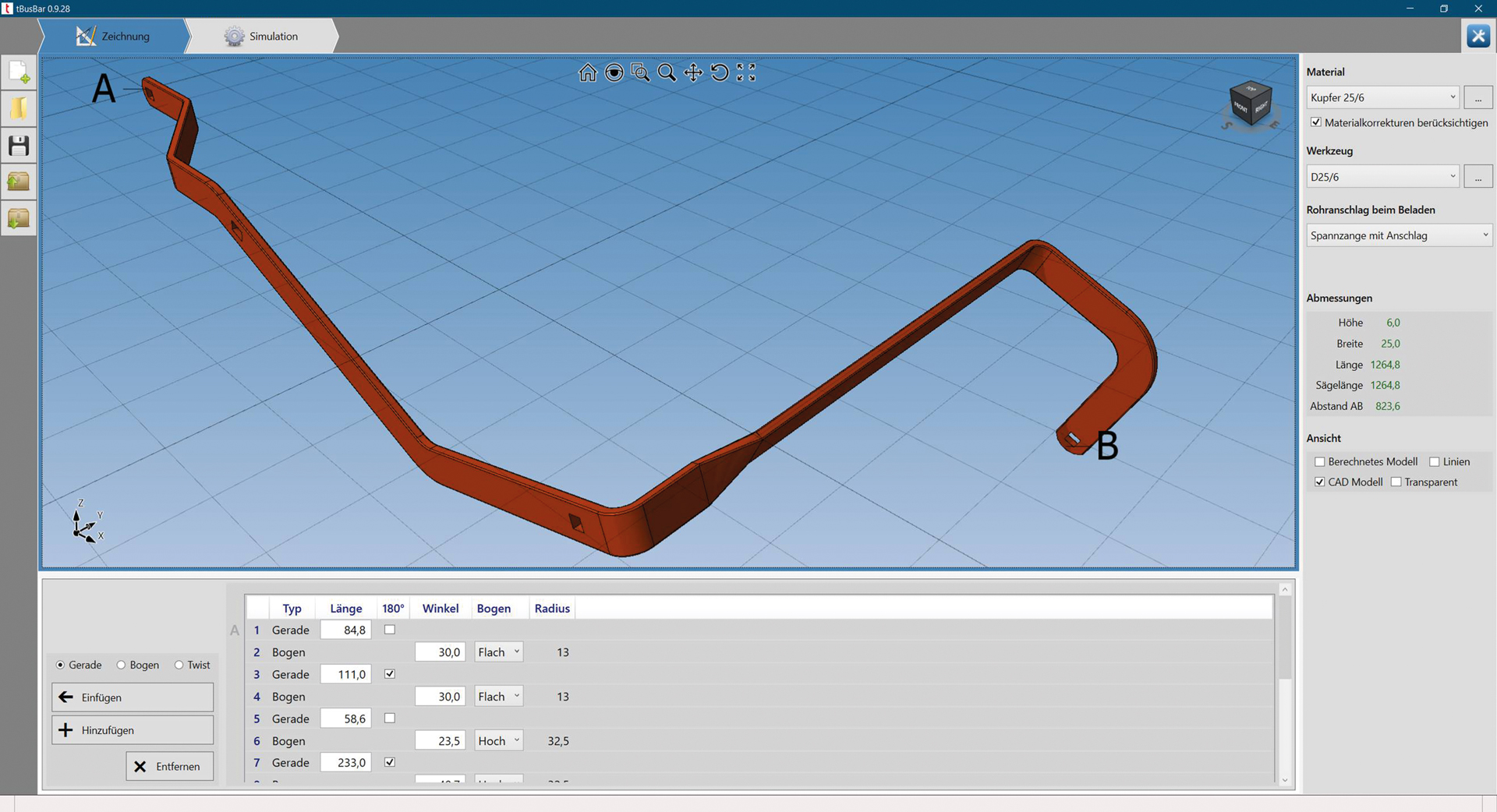 3D-Simulationssoftware für Busbar-Biegeprozesse im transfluid Robotersystem mit visualisierter Stromschienen-Geometrie und CAD-Daten.
