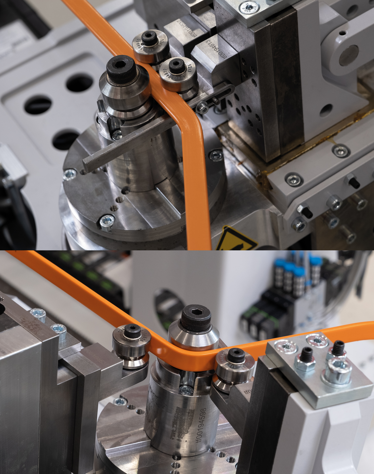 Schrittweiser Biegeprozess einer Stromschiene im Busbar-Roboterbieger mit Präzisionsrollen und formgebenden Werkzeugen.