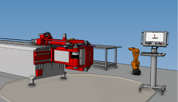 transfluid t project Simulation einer Rohrbearbeitungsanlage mit digitalem Zwilling und Offline-Programmierung für kollisionsfreie Fertigungsplanung.