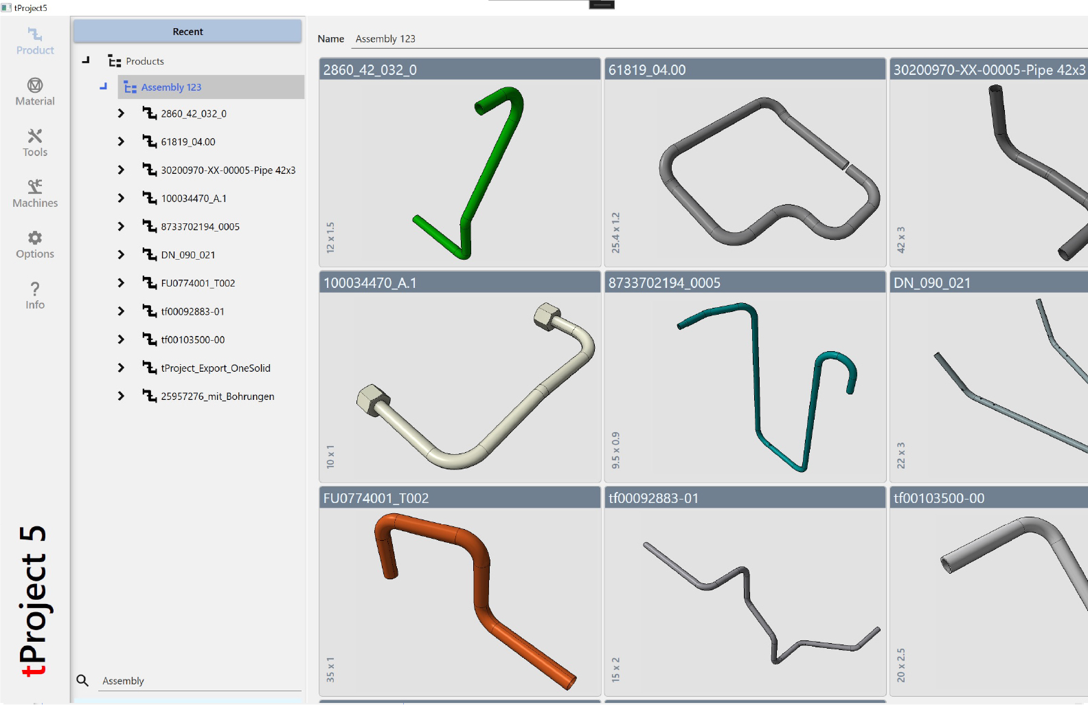 3D-Übersicht von Rohrbauteilen in CAD-Software zur Verwaltung von Biegeprojekten.