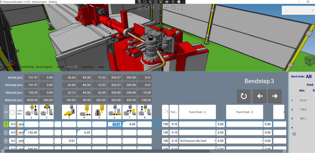 Offline-Programmierung einer Rohrbiegemaschine mit Bendstep-Steuerung und Prozessparametern.