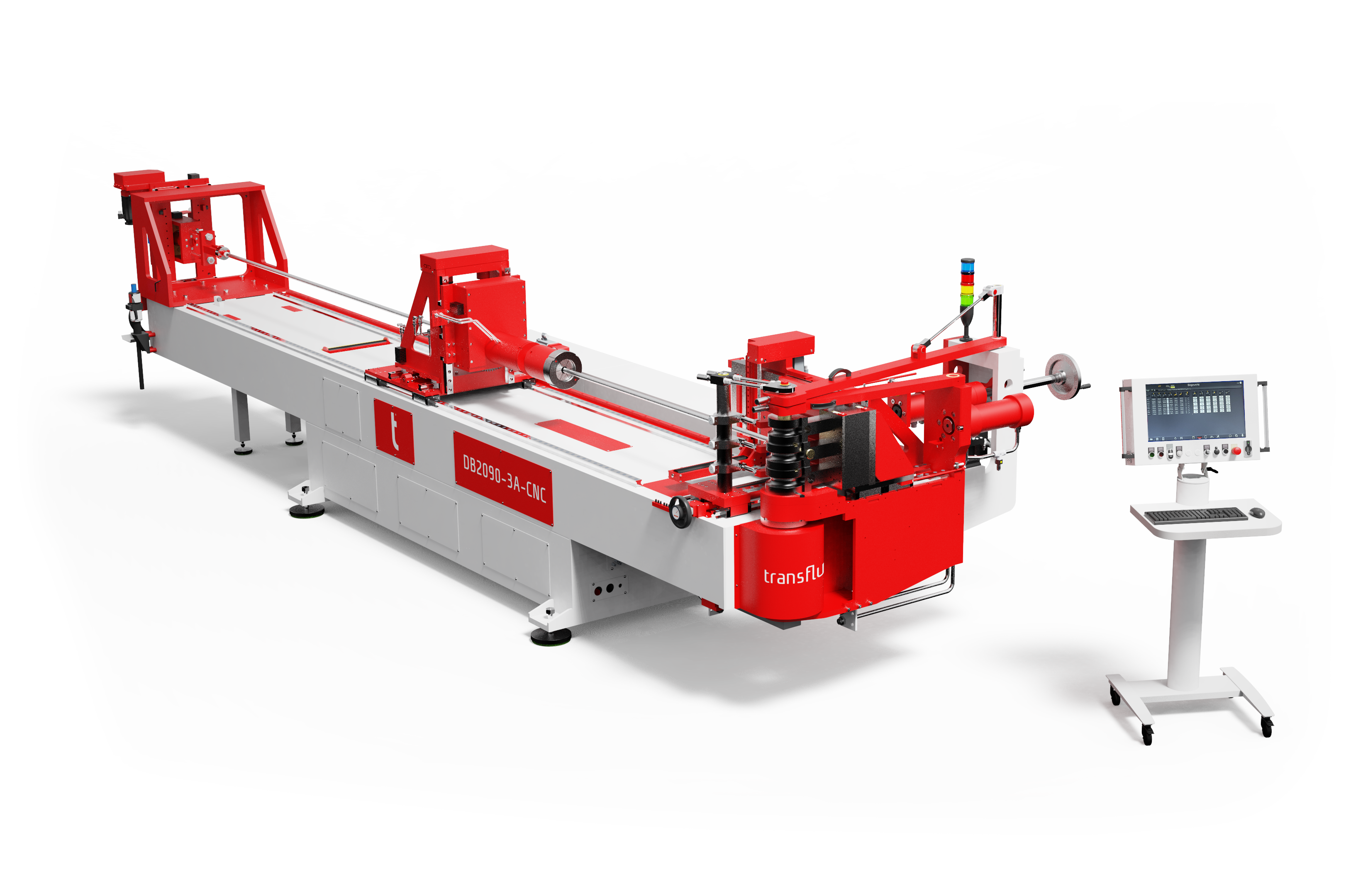 CNC-Rohrbiegemaschine t bend POWERLINE 90 von transfluid mit separatem Steuerpult für automatisiertes Biegen von Metallrohren.