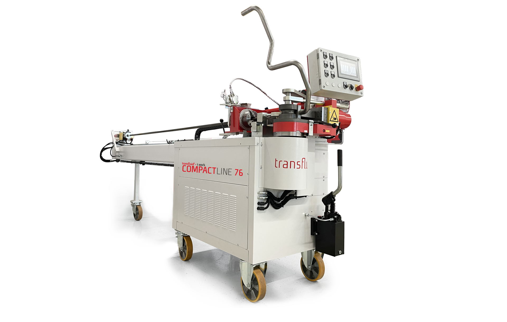 Freigestellte mobile CNC-Rohrbiegemaschine transfluid t work COMPACTLINE 76 für präzises Rohrbiegen in der Metallverarbeitung.