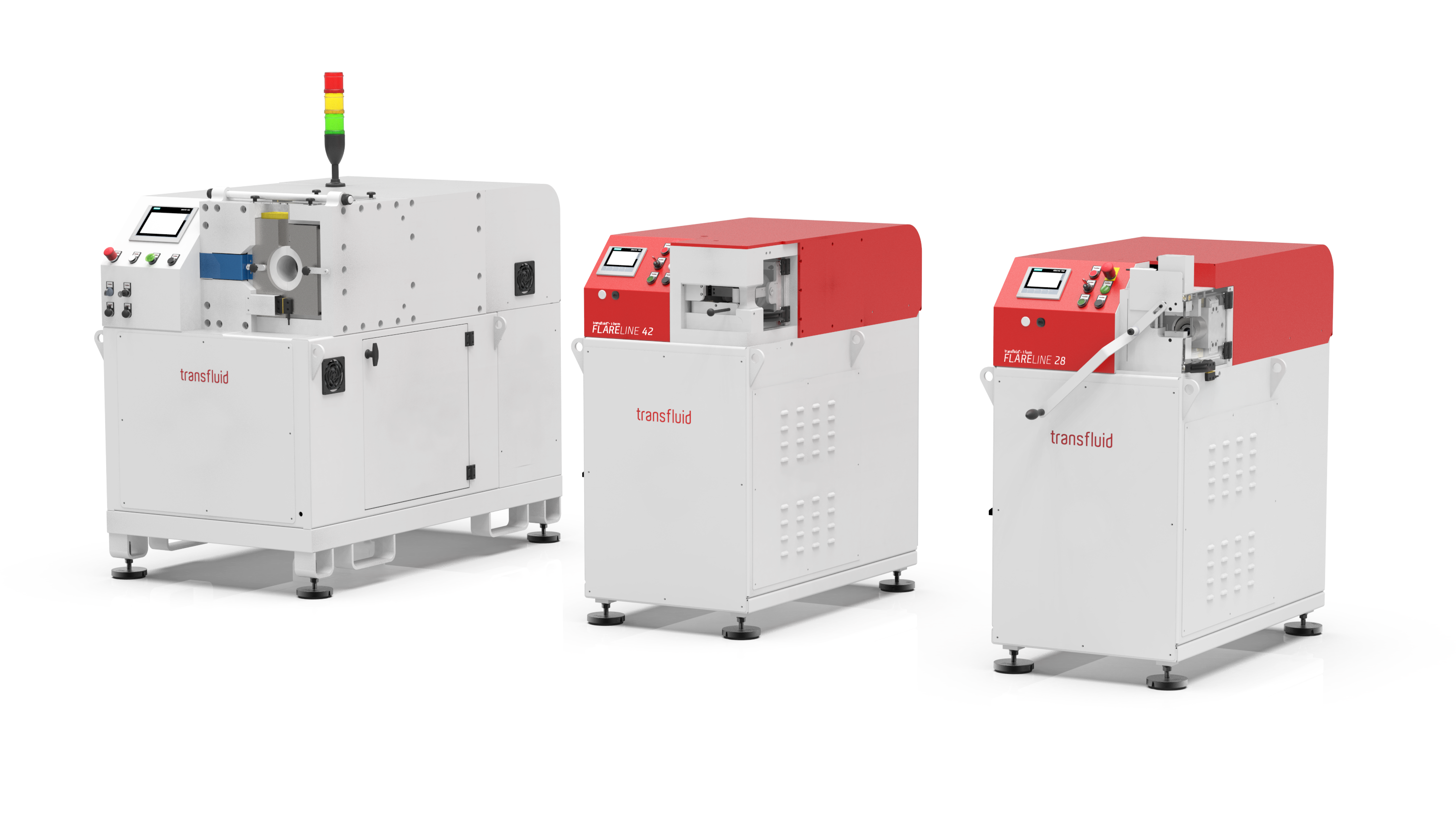 Drei Modelle der transfluid t form FLARELINE Rohrumformmaschinen für unterschiedliche Rohrdurchmesser.