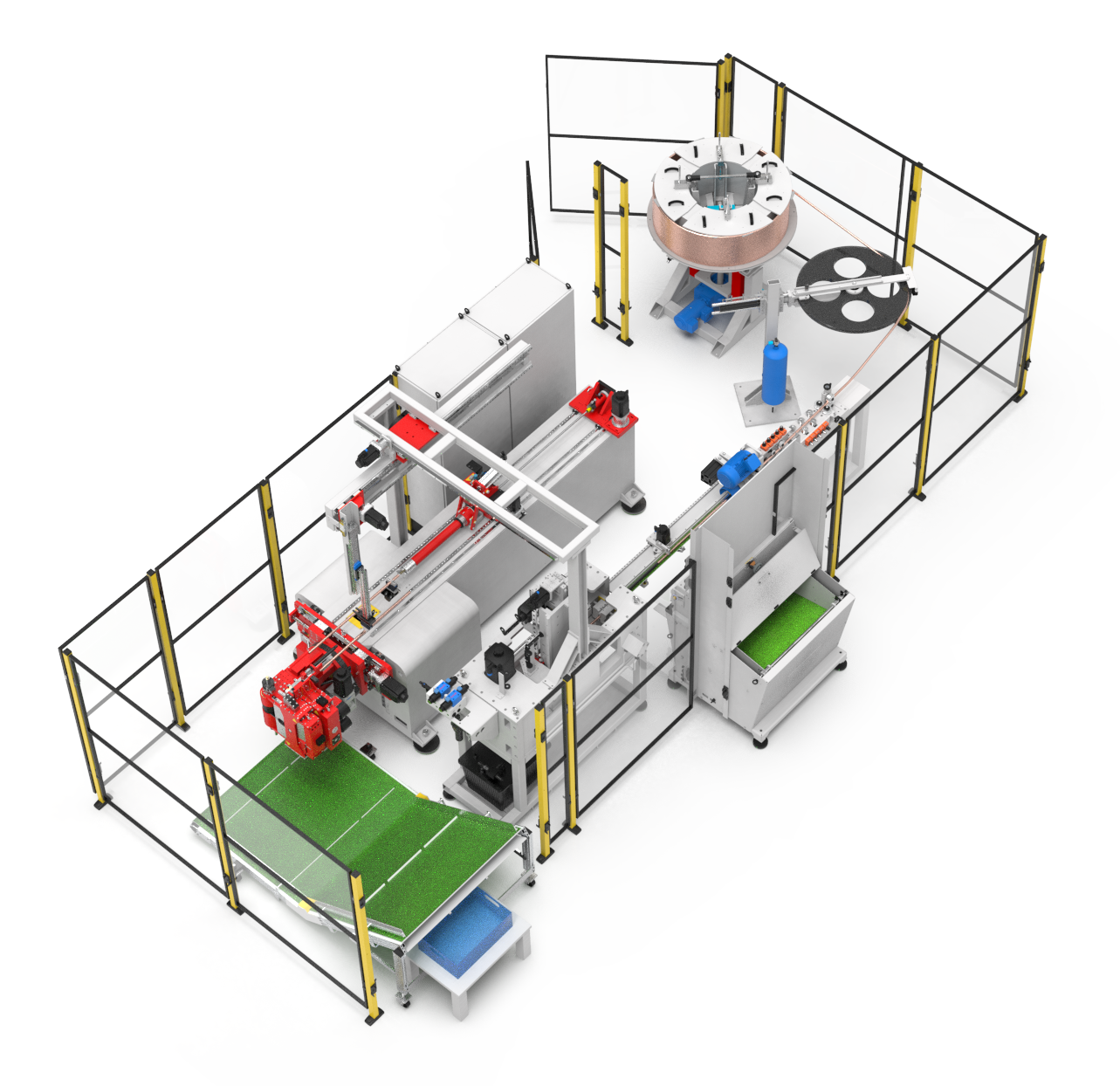 Automatisierte Kompaktfertigungszelle mit Coilzuführung und Stufenförderer für Rohrbearbeitung.