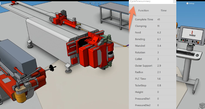 Transfluid t project Software mit 3D Rohrbiegesimulation und Zykluszeitanalyse.